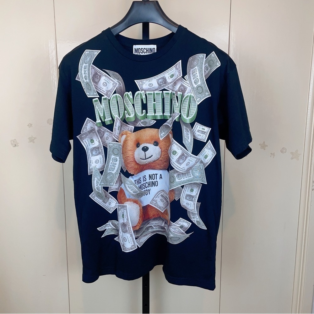 Authentic Moschino Couture Dollar Bill Bear Print Oversize Unisex Tshirt Black